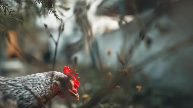 A domestic chicken (hen) with a red comb among plants.