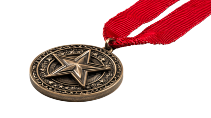 Bronze star medal with embossed celestial imagery and red ribbon, awarded for achievement or recognition in competitions or corporate events.