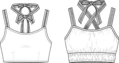 Strappy crop top flat sketch with bow-tie back and elastic hem, women’s fashion CAD drawing, stylish technical apparel vector illustration