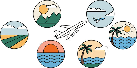 Travel icon set, airplane with tropical beach, mountain sunset, ocean waves and landscape views, colorful tourism badge illustrations for vacation design