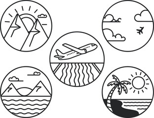 Travel icon set, airplane, mountains, beach and ocean views, vacation line art badges, adventure round illustrations for tourism branding and design