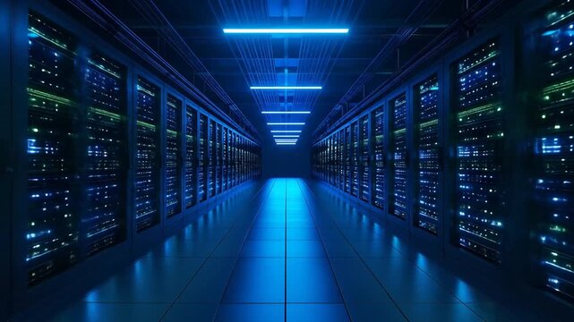 A data center with rows of server racks, lit by blue and green lights, in a tech environment