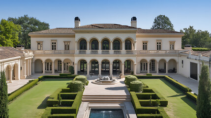 Obraz premium An expansive estate boasts symmetrical gardens and refined architecture. Balconies, arched windows, and a serene water feature enhance the luxurious exterior. Timeless elegance and tranquility.