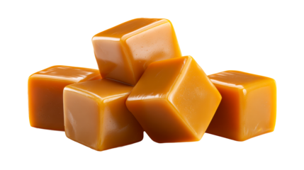 Pile of golden caramel cubes with glossy surface, perfect for candy packaging, dessert advertising, or culinary projects celebrating sweet indulgence