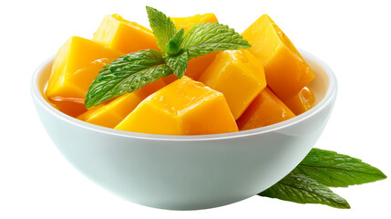 Naklejka premium Freshly cut juicy mango cubes adorned with mint leaves presented in a light blue bowl perfect for healthy eating and tropical refreshment concepts