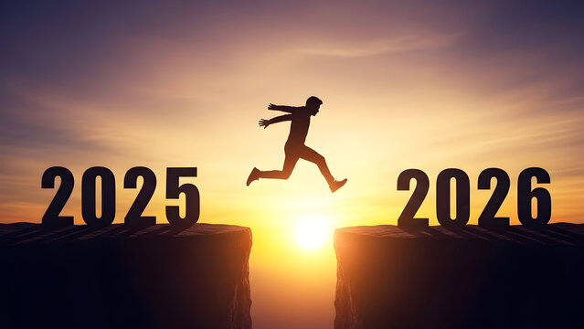 Silhouette of a man jumping between years 2025 and 2026 at sunset - Powered by Adobe
