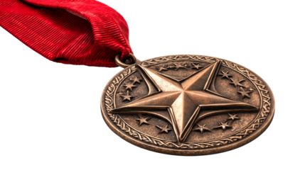 Bronze star medal with red ribbon displayed on a plain white surface, perfect for award ceremonies, recognition events, and achievements.