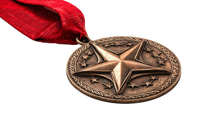Bronze star medal with red ribbon displayed on a plain white surface, perfect for award ceremonies, recognition events, and achievements.