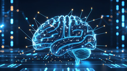 Artificial intelligence brain neural network with blue light connections on digital background