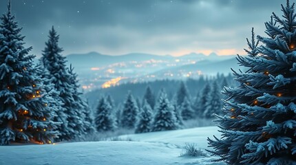 An ultra-realistic depiction of a festive Christmas landscape, bathed in the glow of distant lights and adorned with frosted evergreens
