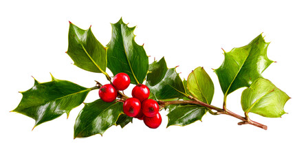 Sprig of holly with vibrant red berries and glossy green leaves, symbolizing winter holidays and festive cheer, perfect for seasonal promotions and greeting materials.