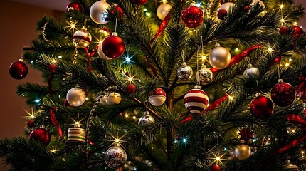 An ultra-realistic depiction of a decorated Christmas tree, its branches laden with ornaments and lights, radiating holiday cheer