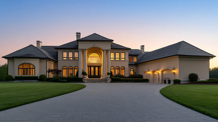 Obraz premium Elegant Estate at Twilight: An opulent residence with a grand entrance, sprawling lawn, and the sky ablaze with the colors of dusk. #LuxuryLiving #DreamHome