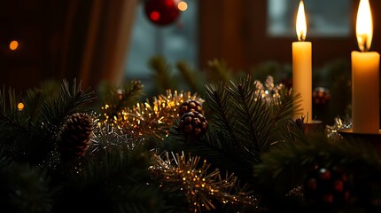 An ultra-realistic interpretation of a Christmas tableau, showcasing the texture of pine needles, the shimmer of tinsel, and the depth of shadows cast by candlelight, evoking a nostalgic mood