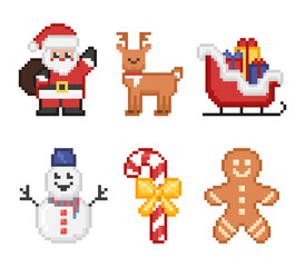 Christmas character pixel art game icon vector set. Retro 8 bit Santa, Reindeer, snowman, sleigh, candy cane, gingerbread man pixelated holiday asset