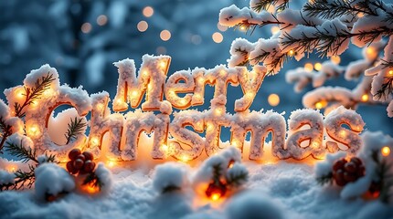 An ultra-realistic Merry Christmas tableau, meticulously crafted with high detail, highlighting the soft glow of fairy lights and the crisp textures of snow and evergreen branches