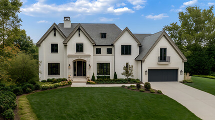 Elegant two-story residence with bright facade, dark roof, and neat lawn. An upscale home amidst lush greenery under a bright sky, blending luxury with nature.