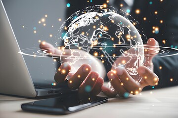 Hands holding digital globe representing global network connection technology