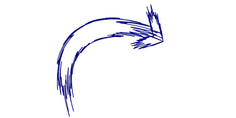 A hand-drawn blue arrow curves downwards and to the right, with a sketchy, energetic style.