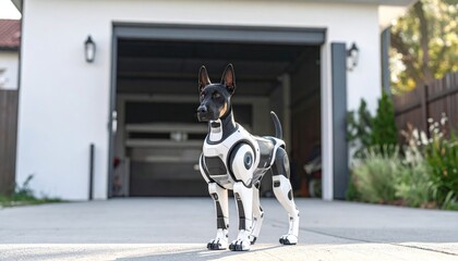 A futuristic robot dog standing in front of a garage, showcasing advanced technology and innovation.