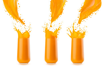 Orange mango juice or carrot juice stream flowing into glass with flying drops, splashing isolated. Assortment of three glasses. Energy vitamin vegetable, fruit cocktail for healthy fitness menu.