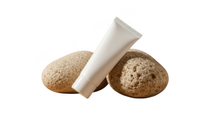 Two round bread rolls with a tube of butter placed in the middle isolated on transparent background