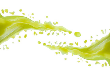 Streams of fresh green vegetable juice connect with dynamic splashes, flying drops, isolated. Spinach, celery juice. Healthy organic drink for design of detox diet menu, fitness cuisine or restaurant.