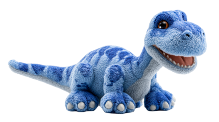 Cute fluffy blue dinosaur toy with big eyes and open mouth, perfect for childrens product marketing, playful branding, and educational content for kids.