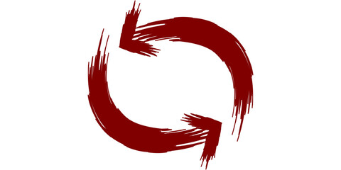 A circular arrow symbol with a brush stroke texture in a dark red color on a white background.