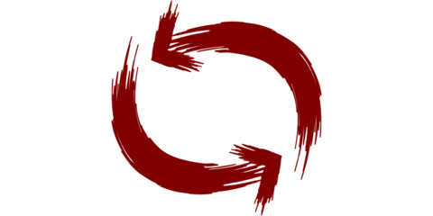 A circular arrow symbol with a brush stroke texture in a dark red color on a white background.
