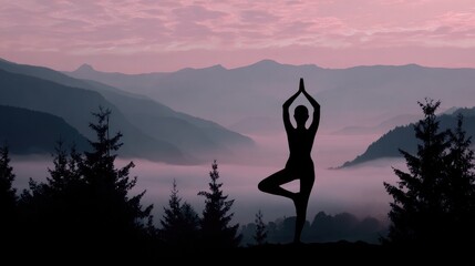 Serene Yoga Silhouette: Woman Stretching in Valley of Clouds at Dawn - Ethereal Imagery for Health and Meditation Themes with Desaturated Colors