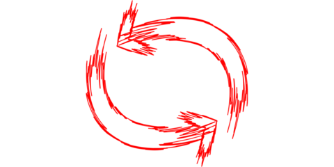 A hand-drawn red circular arrow icon depicting a refresh or continuous cycle on a white background.