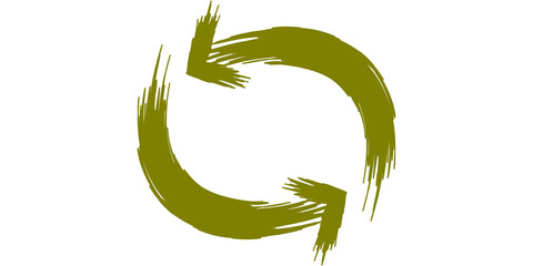 Two olive green brushstroke arrows forming a circular refresh or reload symbol on a white background, representing a continuous cycle or update.