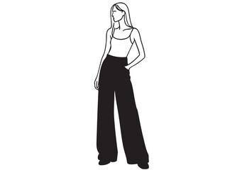 line sketch fashion girl in very long black baggy torn wide pants