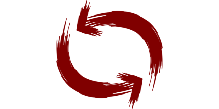 A circular arrow symbol with a brush stroke texture in a dark red color on a white background. - Powered by Adobe