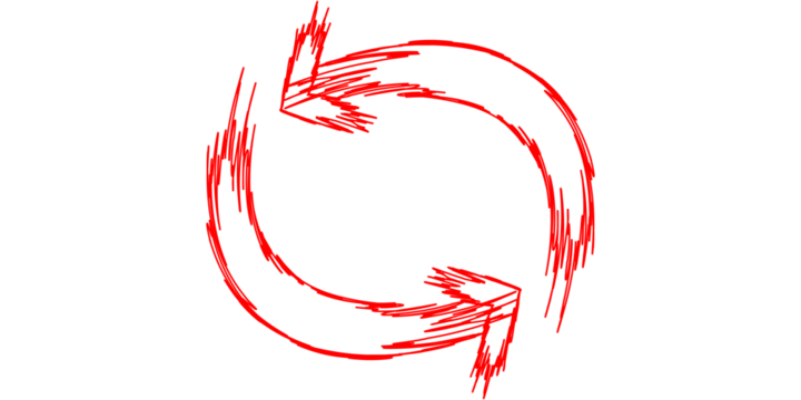 A hand-drawn red circular arrow icon depicting a refresh or continuous cycle on a white background. - Powered by Adobe