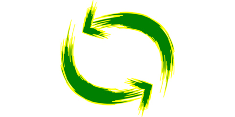 A green circular arrow symbol with a brushstroke effect, representing a refresh or cycle.