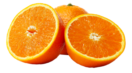 Fresh vibrant orange halves and whole citrus fruits showcased for health and wellness in advertising and graphic use