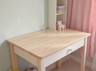 Empty children’s desk mockup in little girl primary school bedroom (age 6-8), clean wooden table top with minimal or no decor, soft pastel Scandinavian girl room, perfect for stationery
