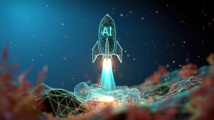 Wireframe rocket displaying 'AI' launches with vibrant energy from a digital landscape