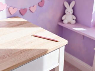 Empty children’s desk mockup in little girl primary school bedroom (age 6-8), clean wooden table top with minimal or no decor, soft pastel Scandinavian girl room, perfect for stationery