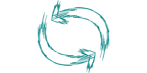 Hand-drawn sketchy teal arrows forming a continuous circular refresh or recycle symbol on a white background.