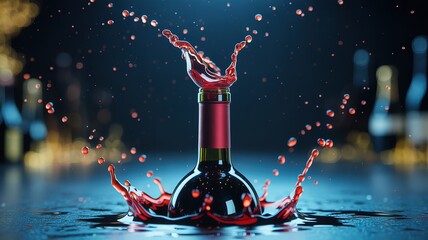 Close up reveals a dark red wine bottle amidst a dynamic liquid explosion