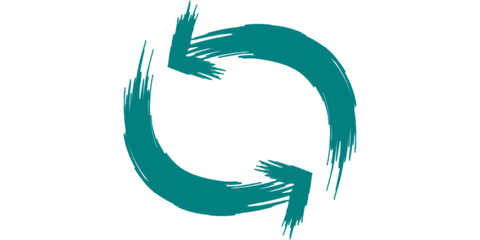 Abstract teal brushstroke arrows creating a circular refresh or reload symbol on a clean white background.