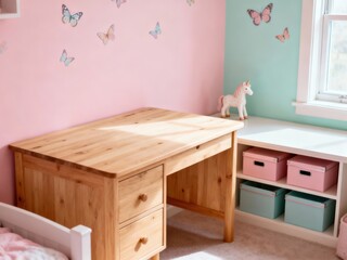 Empty children’s desk mockup in little girl primary school bedroom (age 6-8), clean wooden table top with minimal or no decor, soft pastel Scandinavian girl room, perfect for stationery
