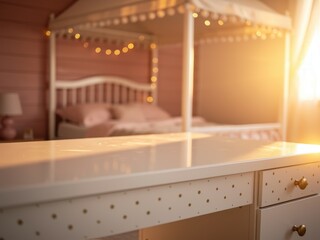 Empty children’s desk mockup in little girl primary school bedroom (age 6-8), clean wooden table top with minimal or no decor, soft pastel Scandinavian girl room, perfect for stationery