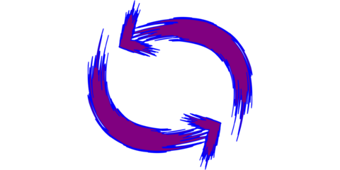 Two purple arrows with blue outlines forming a circular motion on a white background.