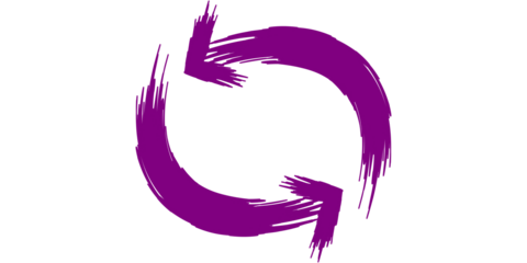 Stylized purple brushstroke arrows forming a continuous circular refresh or recycle symbol on a clean white background.