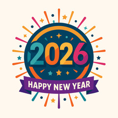 Happy New Year 2026 Badge with Colorful Burst and Festive Firework Rays