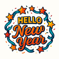 Hello New Year Text with Stars, Colorful Holiday Greeting Design